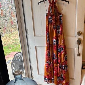 Vibrant Floral Pleated Halter Maxi Dress